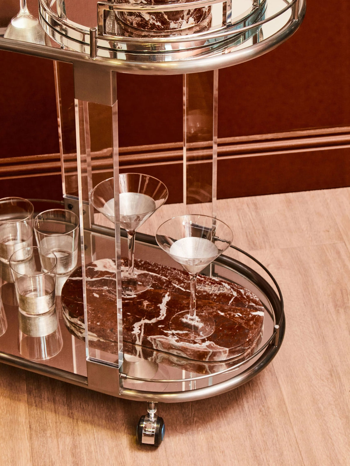 Amalfi Metal and Acrylic Frame 2 Tier Oval Drinks Trolley 
