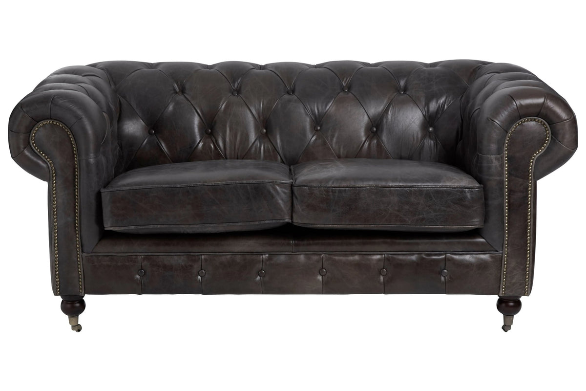 Verona Dark Grey Brown Leather Chesterfield 2 Seat Sofa