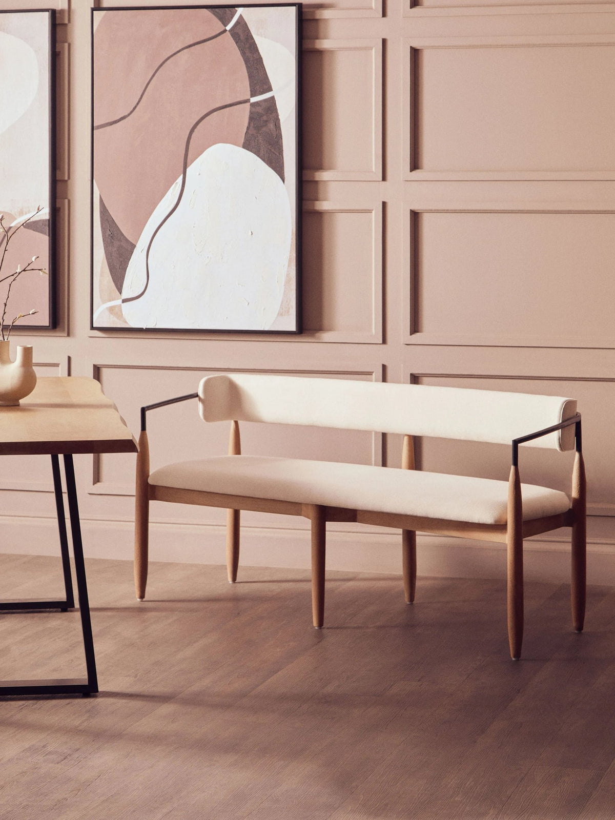 Seaford Cream Textured Fabric Dining Bench with Wood Frame