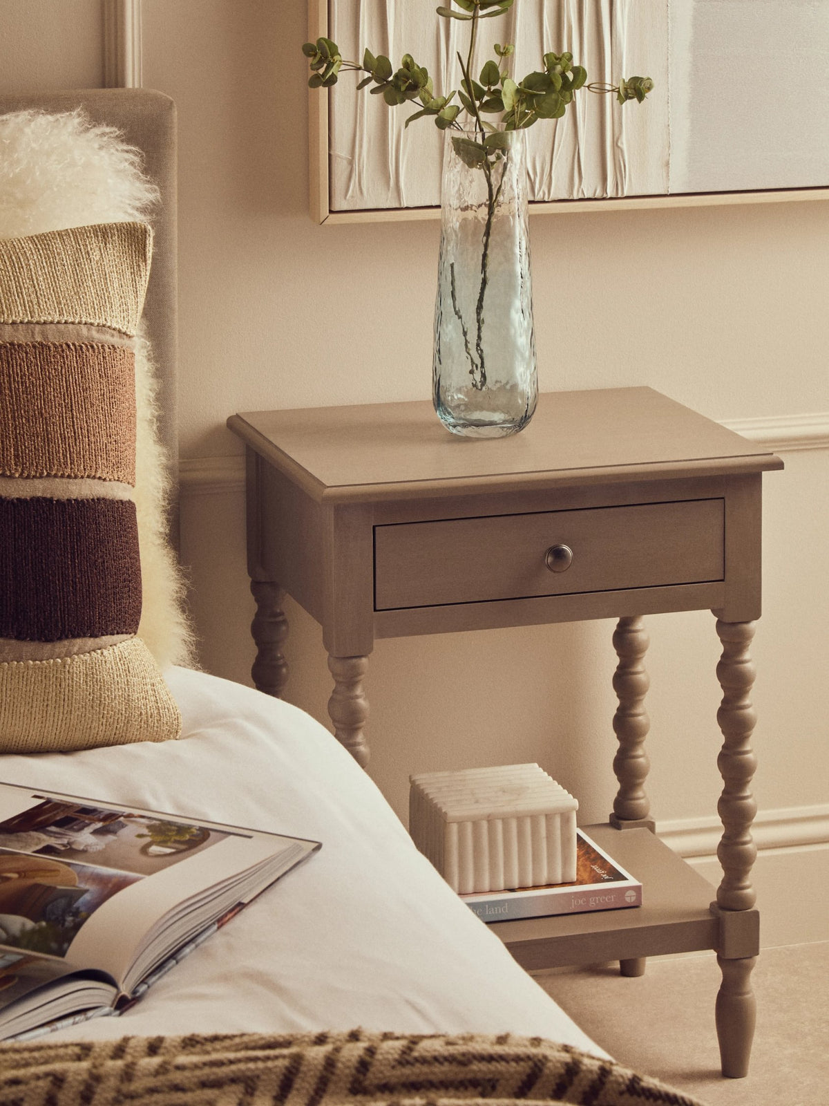 Savoy One Drawer Bobble Detail Grey Wooden Side Table