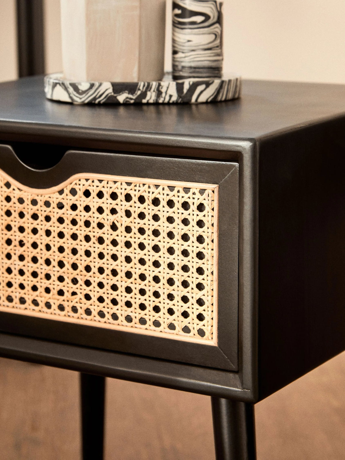 Stirling Black Side Table with Rattan Drawer
