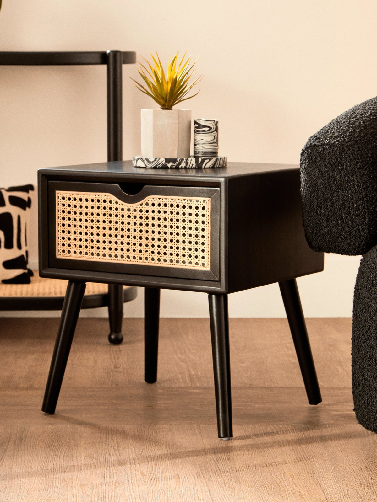 Stirling Black Side Table with Rattan Drawer