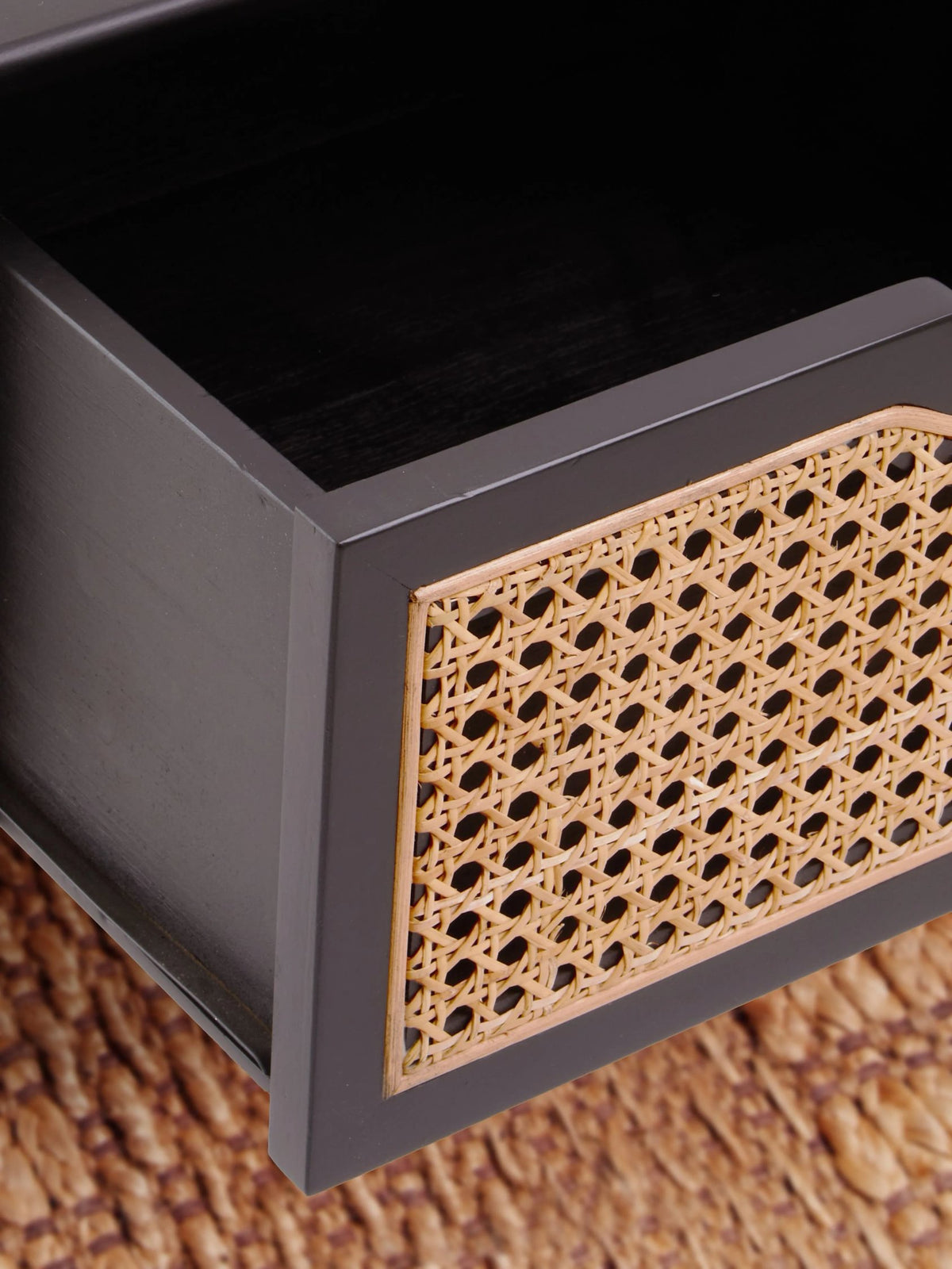 Stirling Black Side Table with Rattan Drawer
