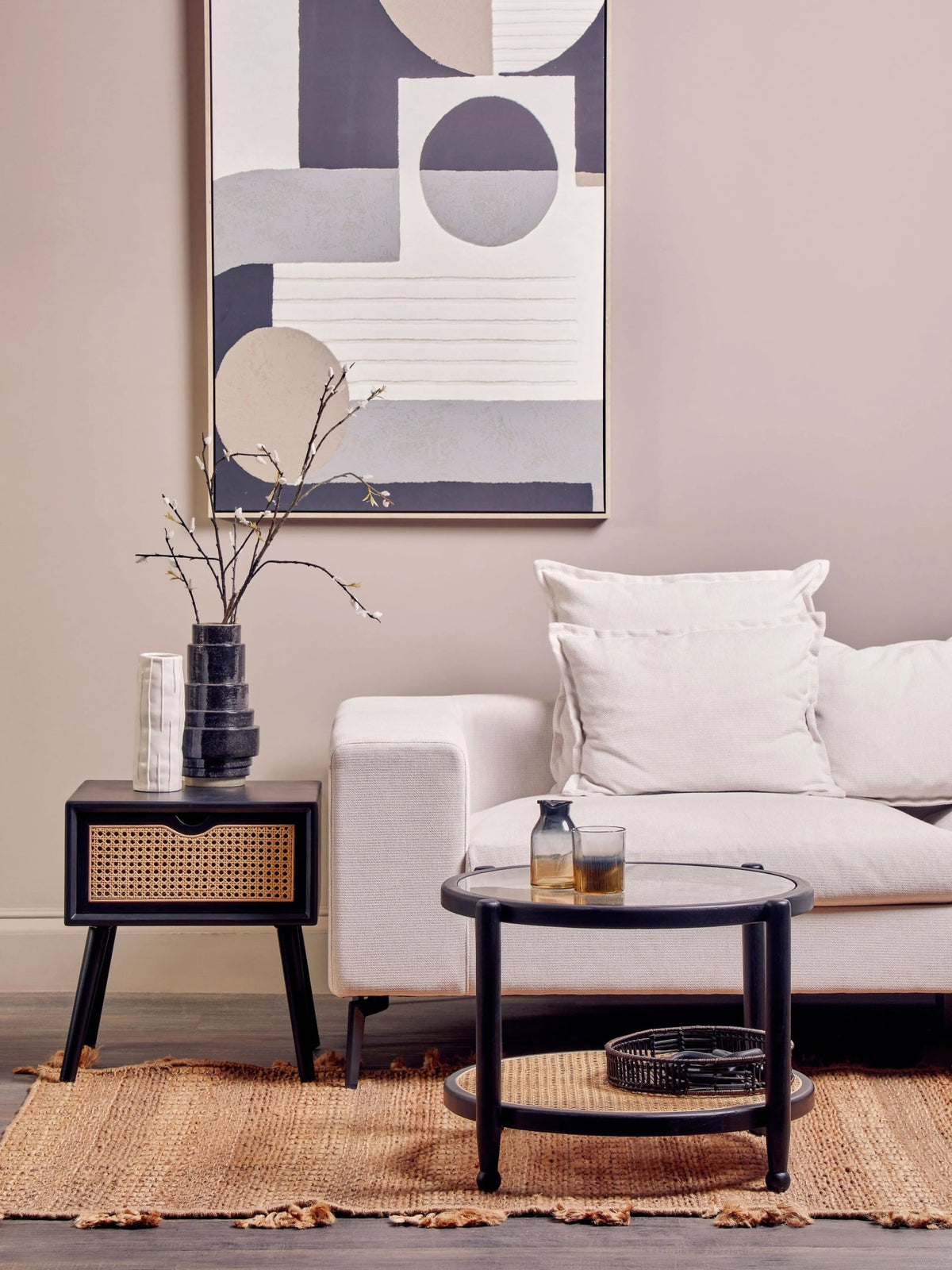 Stirling Black Side Table with Rattan Drawer
