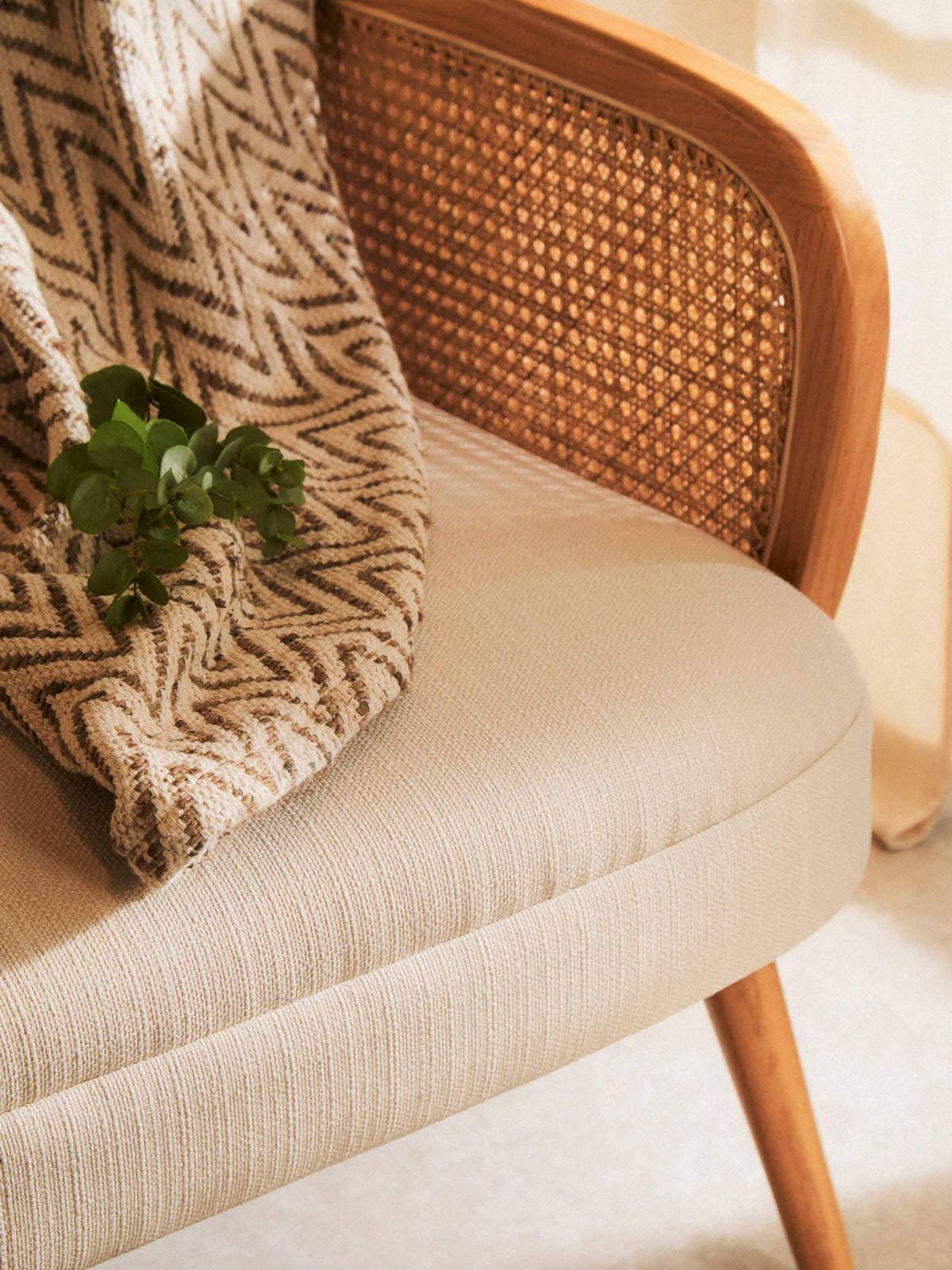 Stirling Ivory Fabric and Cane 2 Seat Sofa with Elm Wood Legs