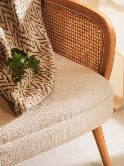 Stirling Ivory Fabric and Cane 2 Seat Sofa with Elm Wood Legs