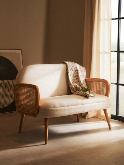 Stirling Ivory Fabric and Cane 2 Seat Sofa with Elm Wood Legs