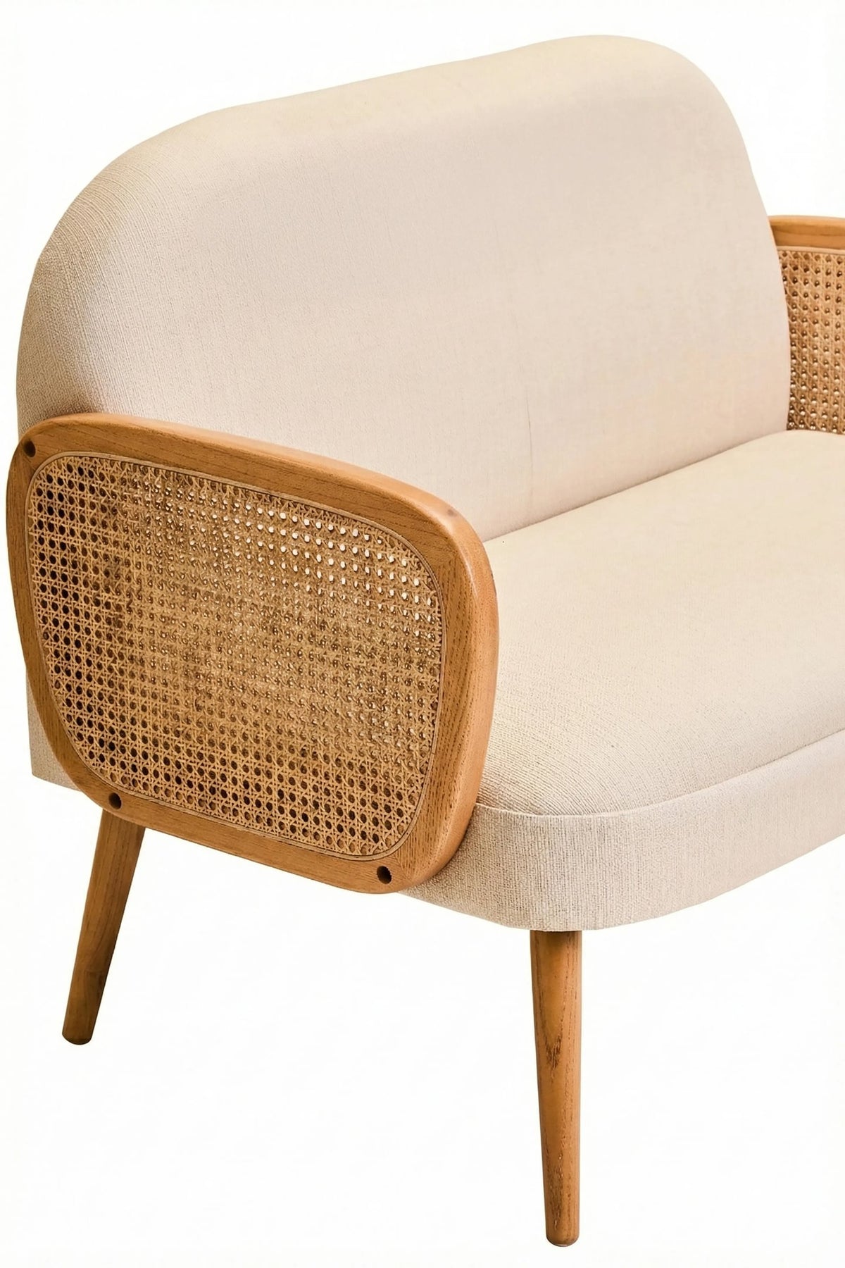 Stirling Ivory Fabric and Cane 2 Seat Sofa with Elm Wood Legs