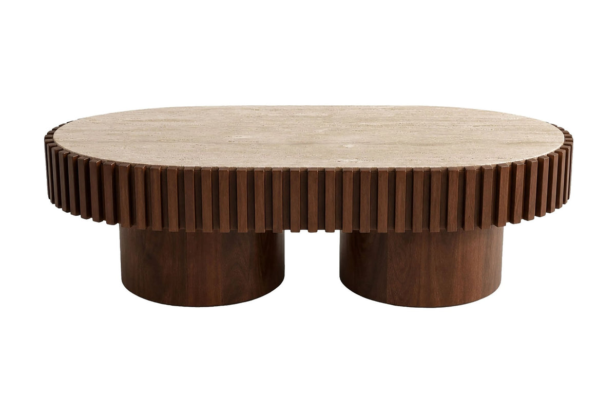 Prestbury Oval Travertine and Mango Wood Coffee Table