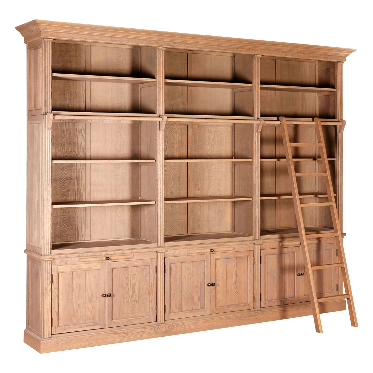 Cannes Washed Grey Oak Wood Large Bookcase with Ladder