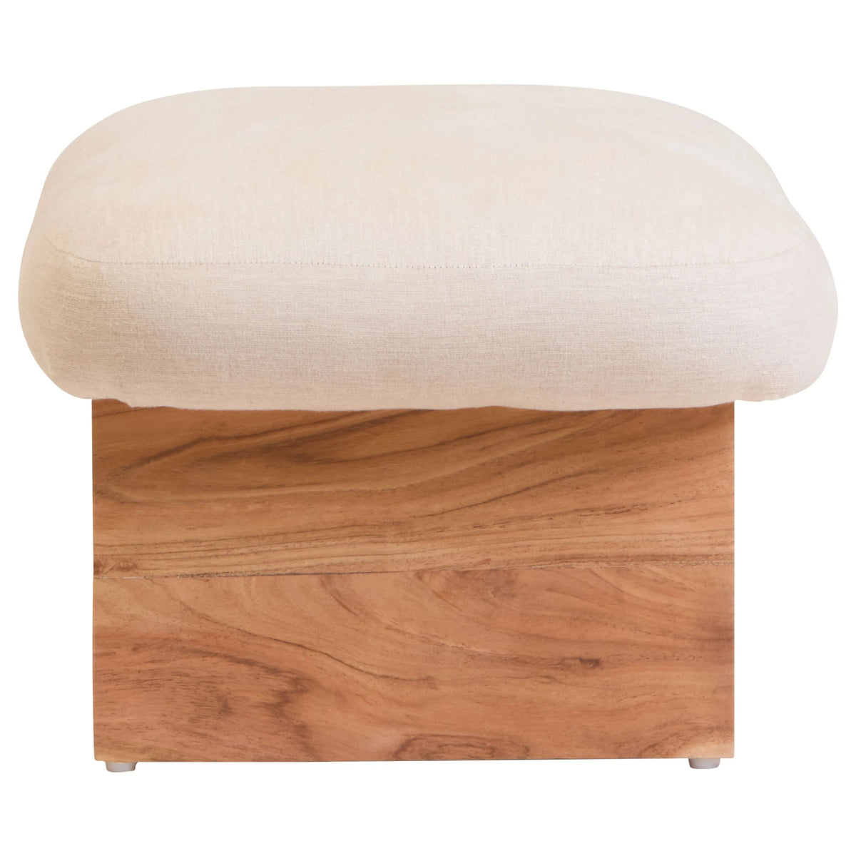 Notting Cream Linen Textured Footstool with Wood Base
