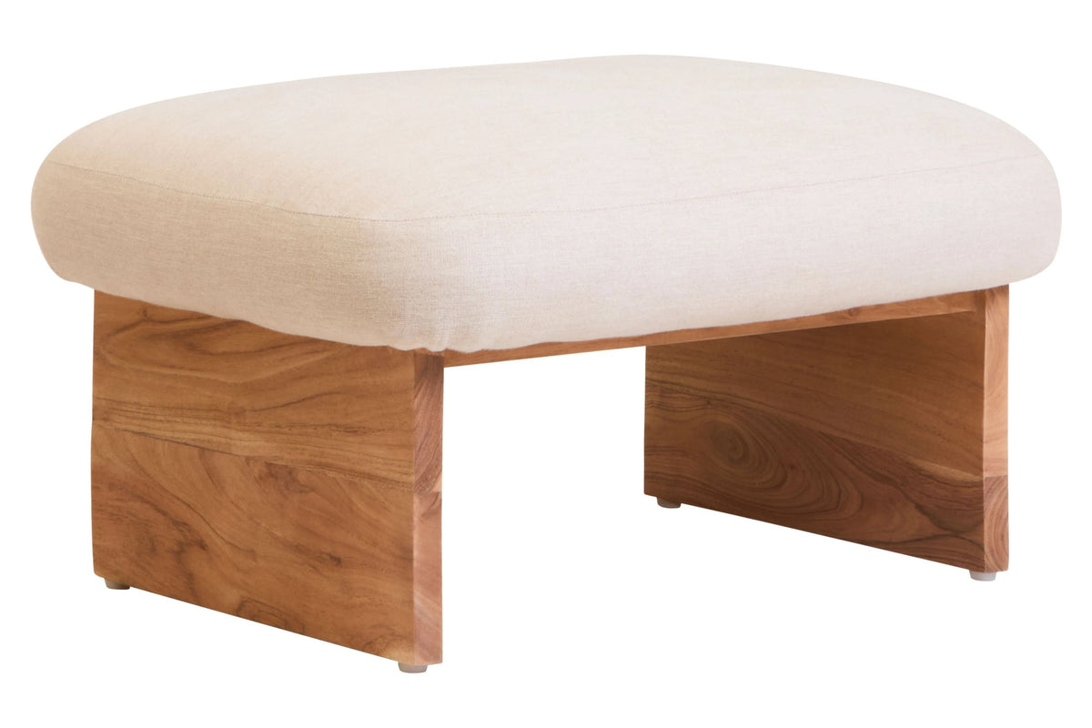 Notting Cream Linen Textured Footstool with Wood Base