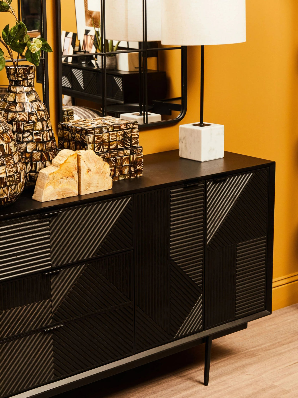 Granada Black Finish Sideboard with 4 Doors and 3 Drawers