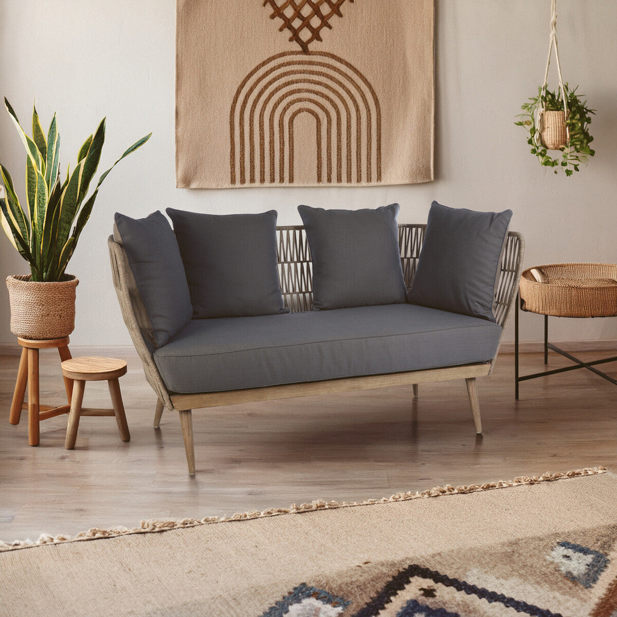 Bristol Woven Rope 2 Seater Sofa with Grey Cushions