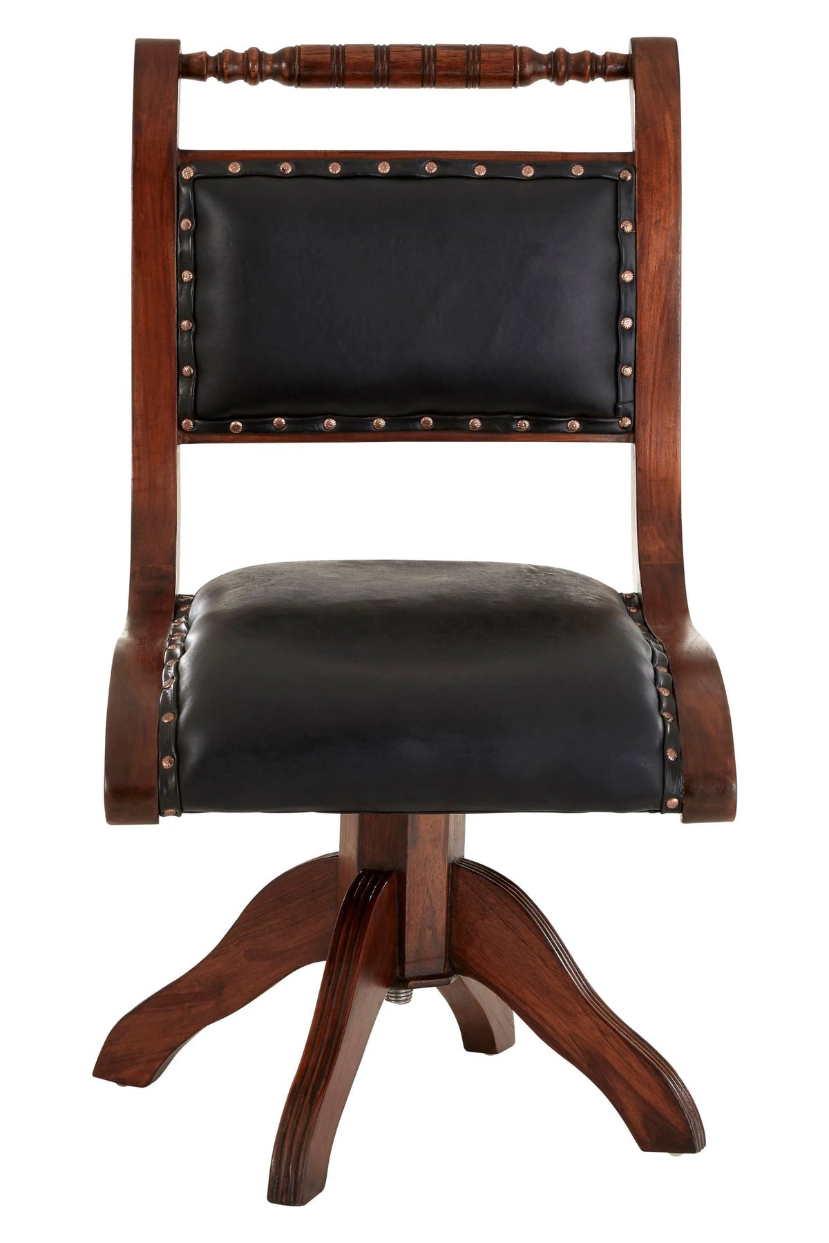 Carlton Black Leather and Teak Wood Swivel Chair