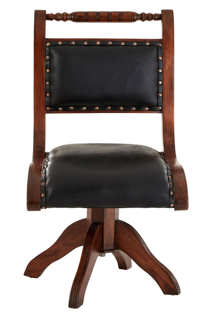 Carlton Black Leather and Teak Wood Swivel Chair
