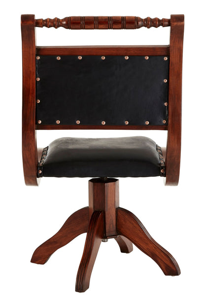 Carlton Black Leather and Teak Wood Swivel Chair