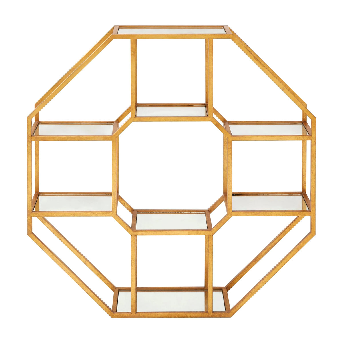 Winchester Antique Gold Finish Hexagon Mirrored Wall Shelf Unit