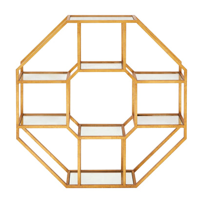 Winchester Antique Gold Finish Hexagon Mirrored Wall Shelf Unit