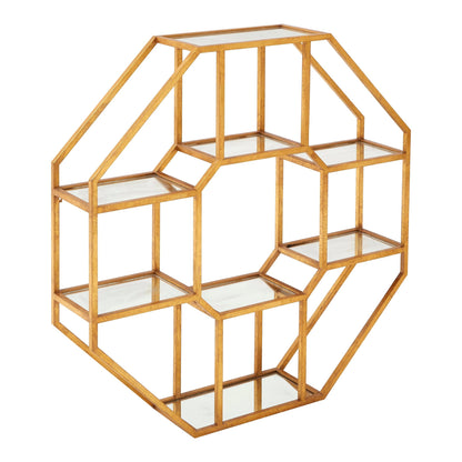 Winchester Antique Gold Finish Hexagon Mirrored Wall Shelf Unit