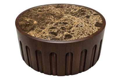 Putney Round Brown Marble and Dark Mango Wood Carved Coffee Table