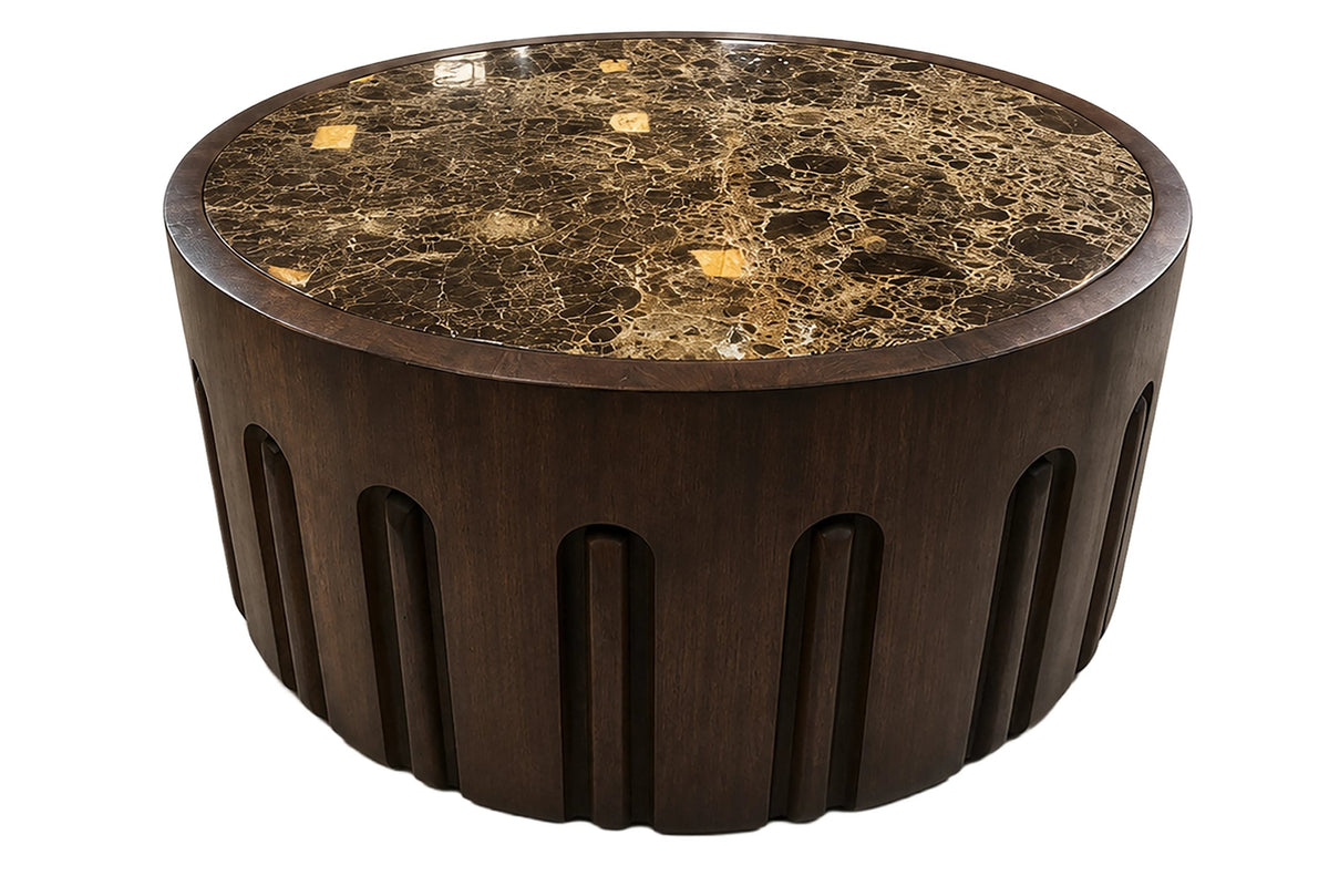 Putney Round Brown Marble and Dark Mango Wood Carved Coffee Table