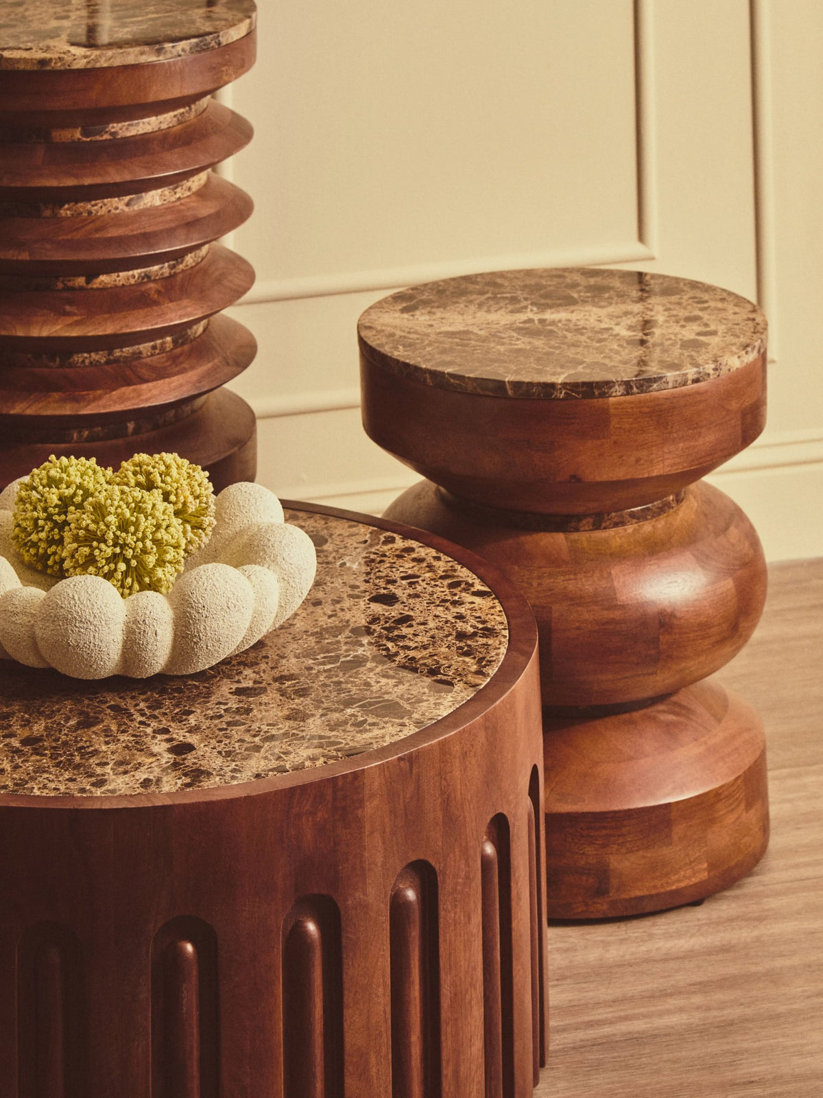 Putney Round Brown Marble and Dark Mango Wood Carved Coffee Table