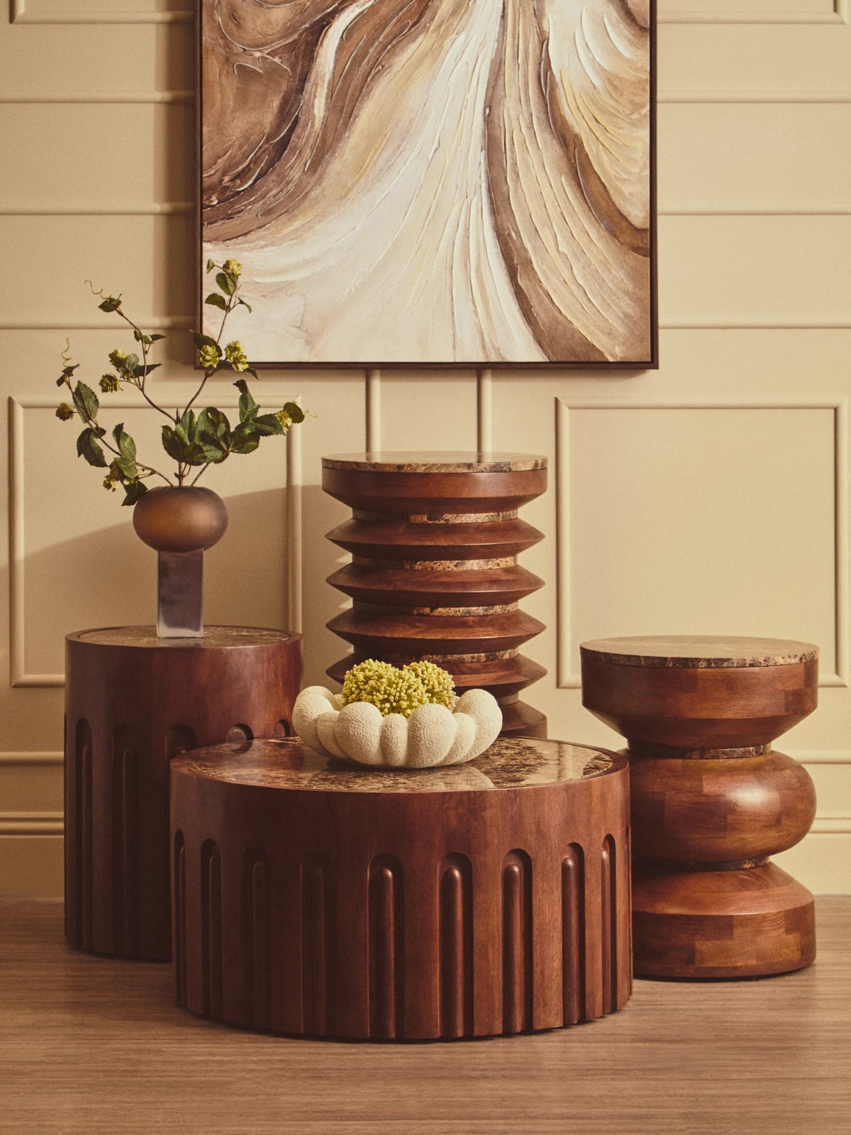 Putney Round Brown Marble and Dark Mango Wood Carved Coffee Table