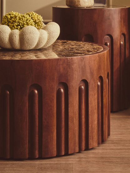 Putney Round Brown Marble and Dark Mango Wood Carved Coffee Table
