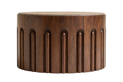 Putney Round Brown Marble and Dark Mango Wood Carved Coffee Table