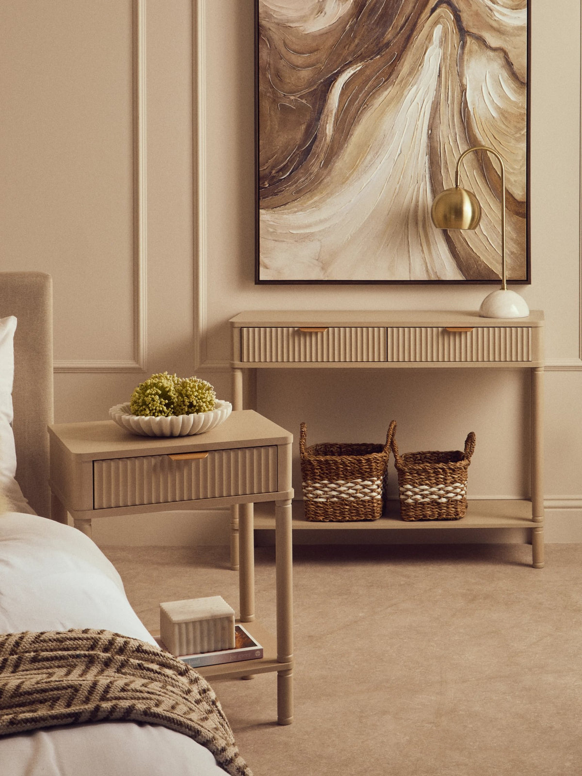 Savoy Two Drawer Reed Detail Taupe Wooden Console Table
