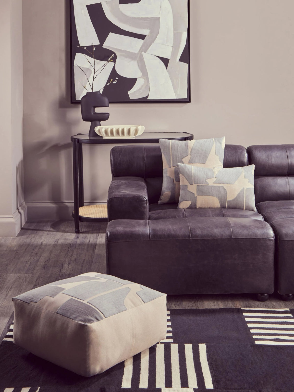 Bath Antique Black Leather Modular Chaise Sofa (left-hand)