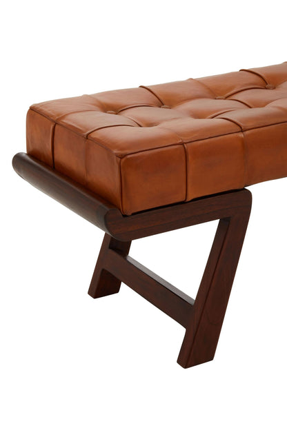 Carlton Brown Leather Bench with Cedar Wood Angular Base