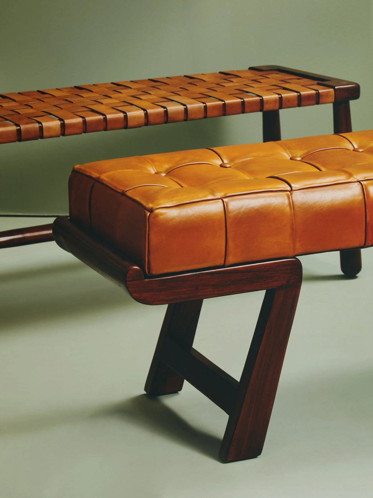 Carlton Brown Leather Bench with Cedar Wood Angular Base