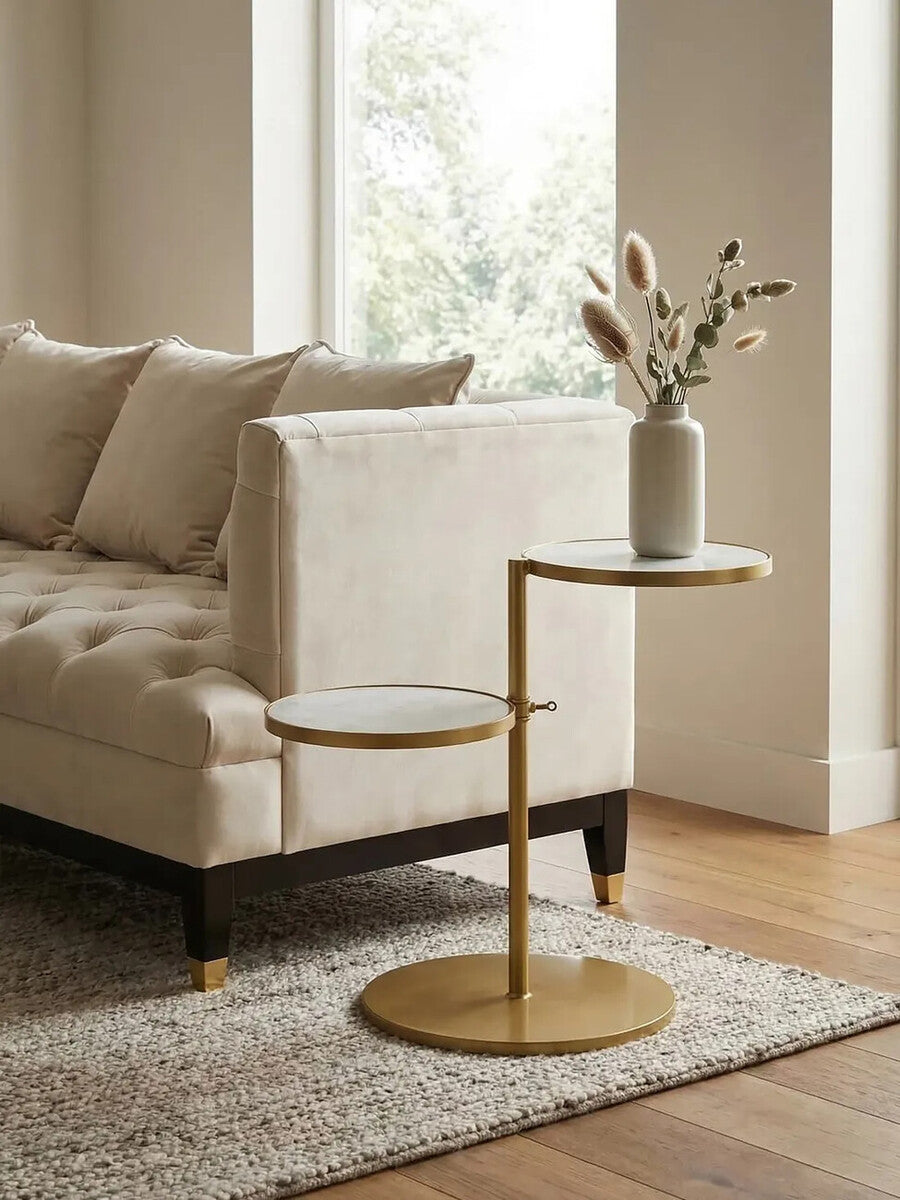 Aurora White Marble and Brass 2 Tier Side Table
