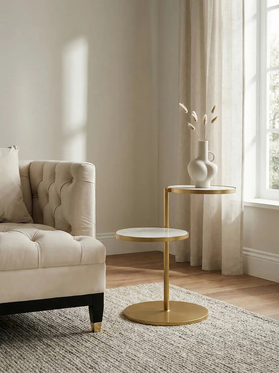 Aurora White Marble and Brass 2 Tier Side Table