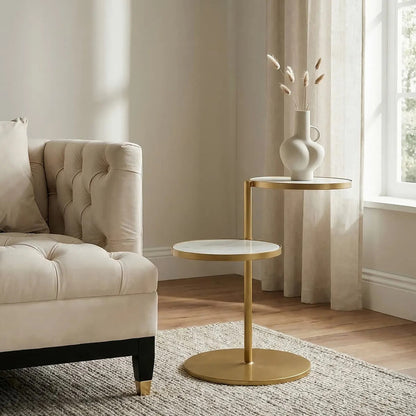 Aurora White Marble and Brass 2 Tier Side Table