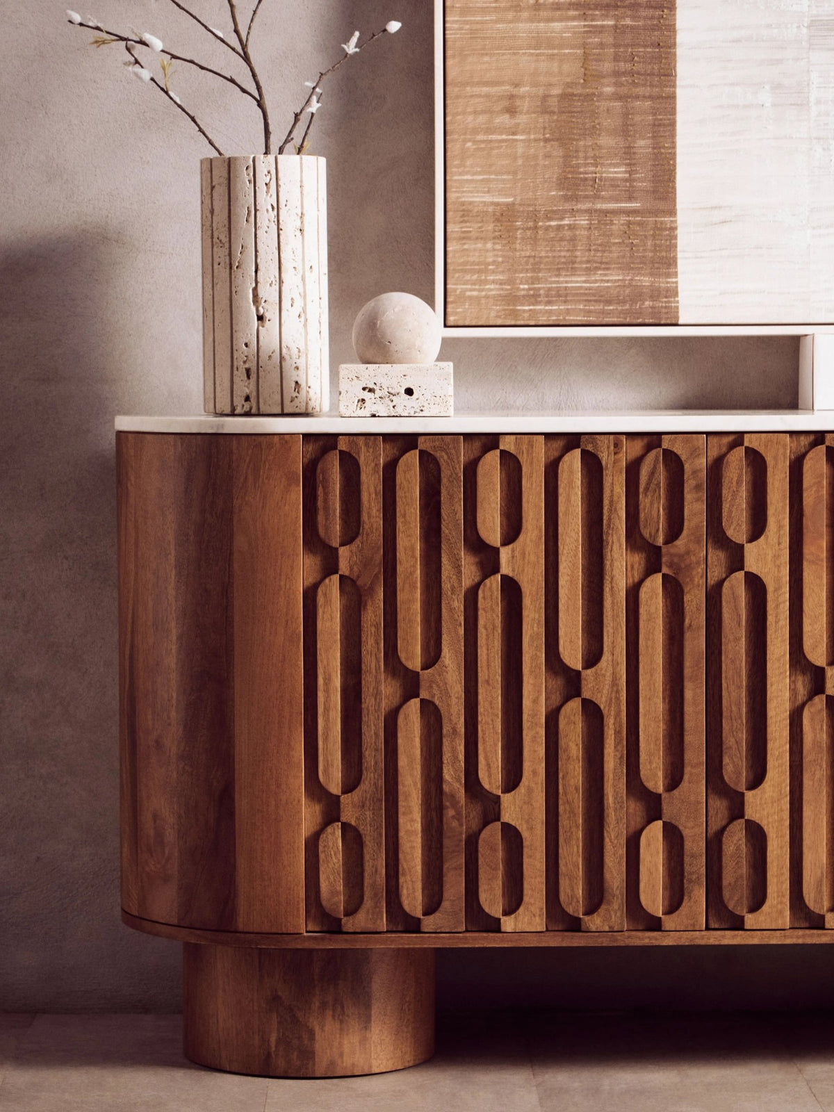 Studland Mango Wood Carved Design Marble Top Three Door Sideboard