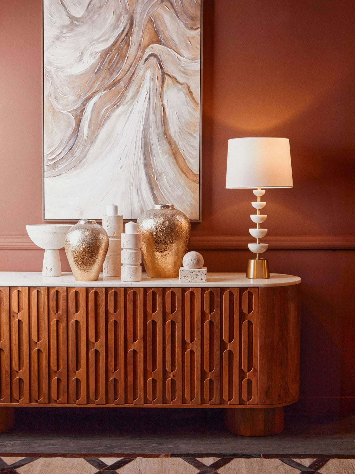 Studland Mango Wood Carved Design Marble Top Three Door Sideboard