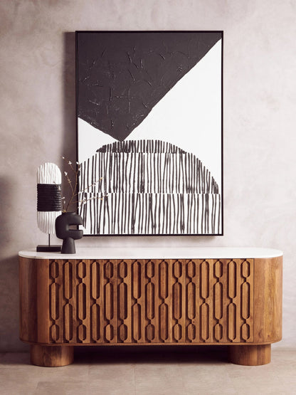Studland Mango Wood Carved Design Marble Top Three Door Sideboard