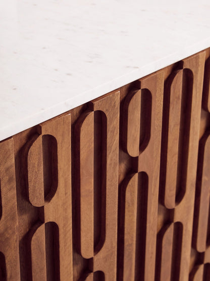 Studland Mango Wood Carved Design Marble Top Three Door Sideboard