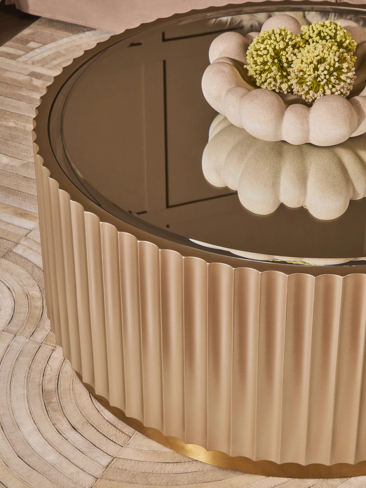 Portree Champagne Gold Finish Flute Detail Coffee Table with Mirror Top