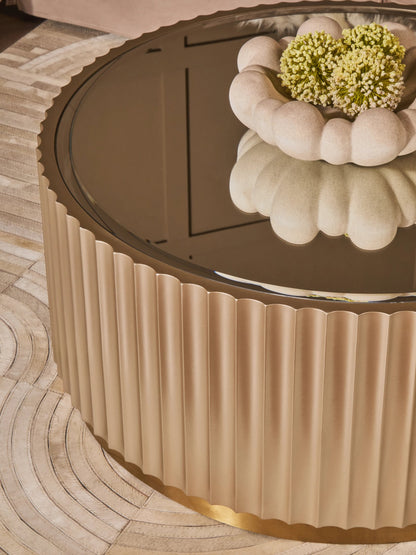 Portree Champagne Gold Finish Flute Detail Coffee Table with Mirror Top