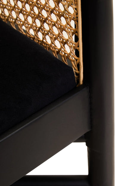 Hudson Black Velvet and Natural Rattan Curved Chair