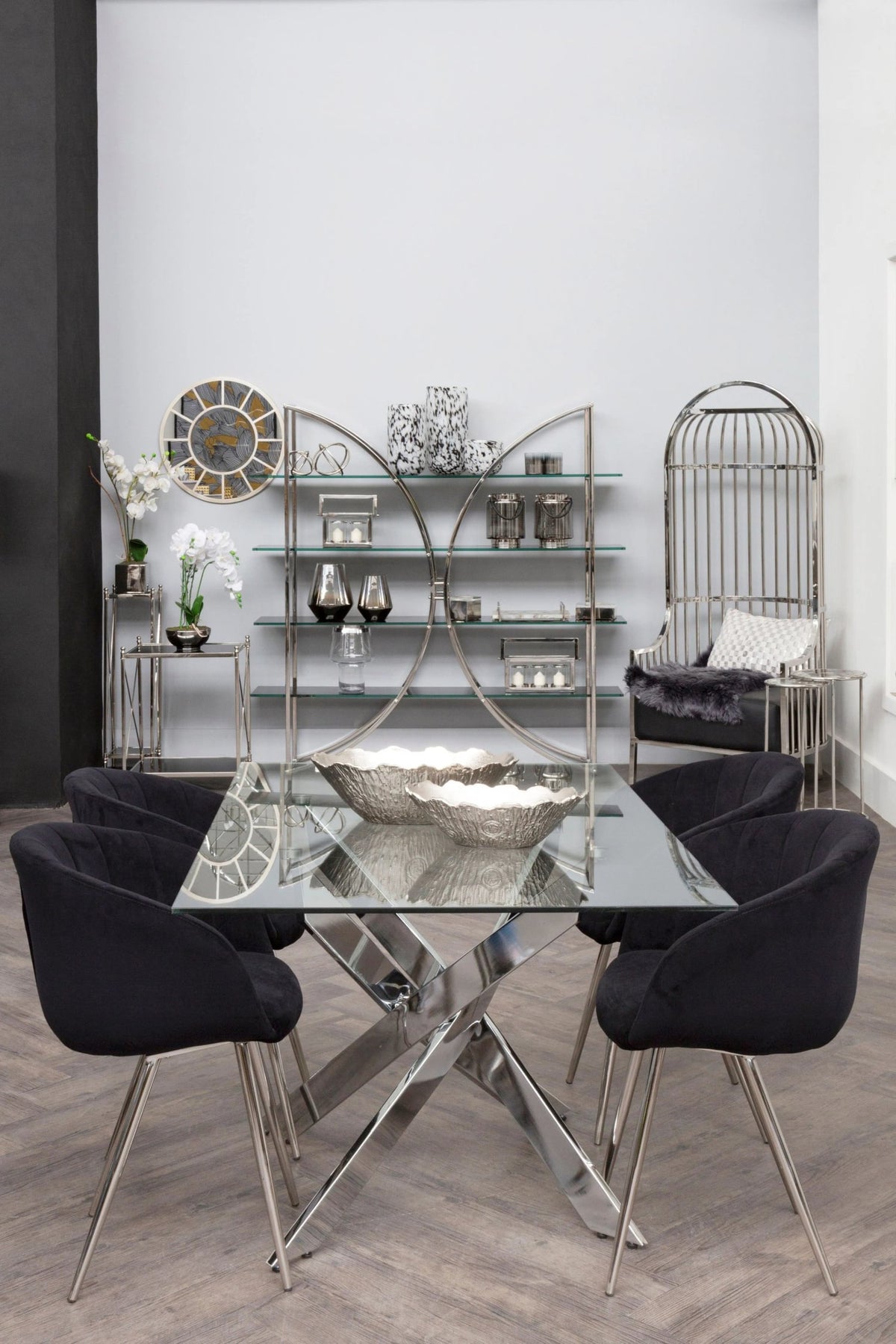Valencia 4 Tier Glass Shelf Unit with Curved Silver Frame