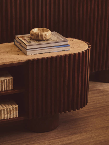 Prestbury Travertine and Mango Wood Curved Media Unit