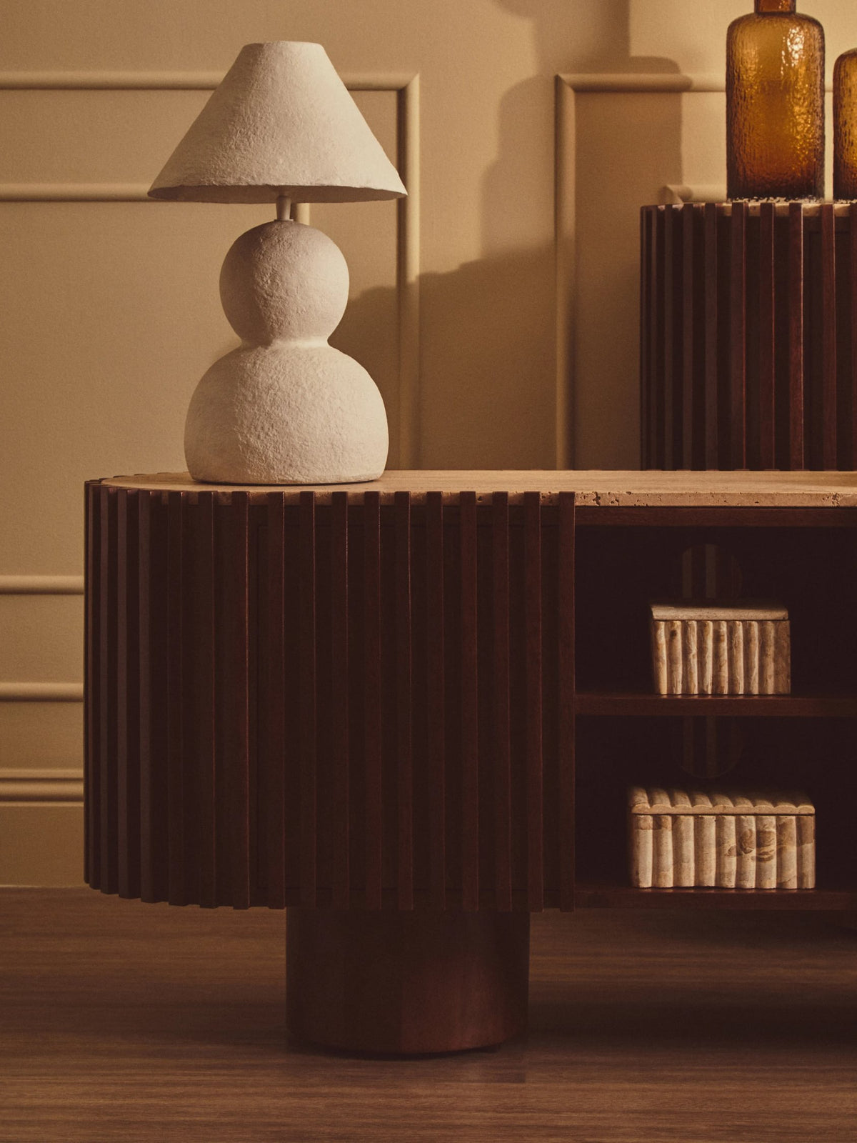 Prestbury Travertine and Mango Wood Curved Media Unit