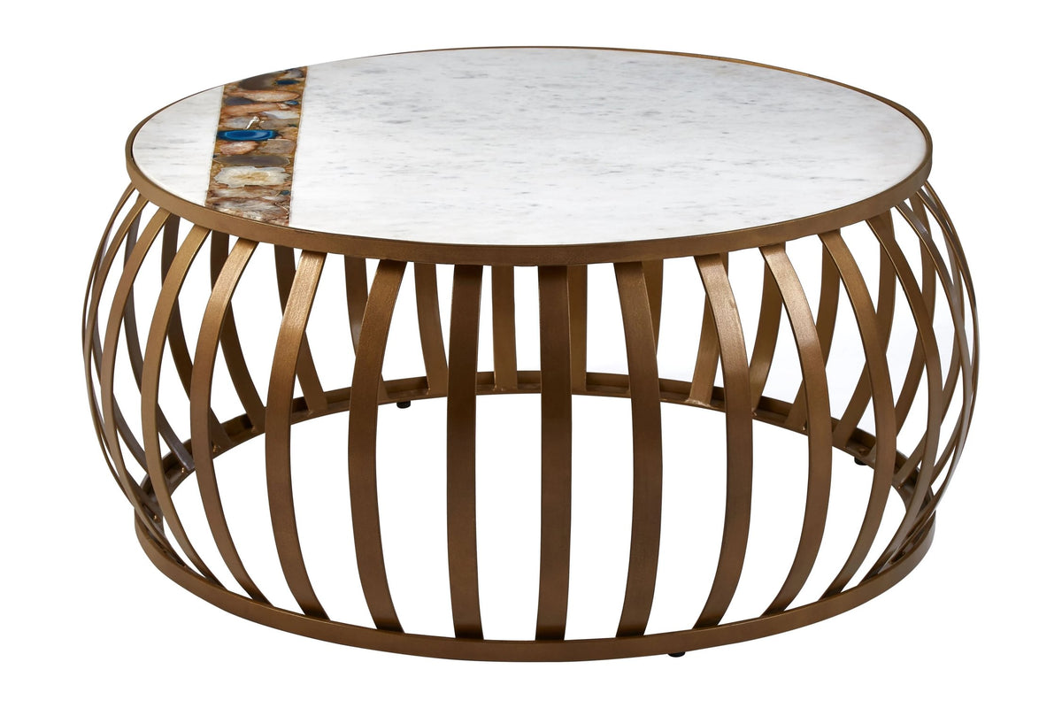 Lichfield Marble and Agate Round Coffee Table with Antique Brass Base