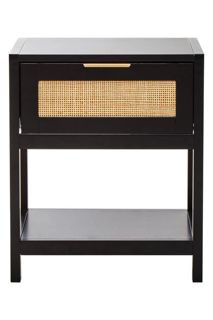 Como Black Finish and Natural Rattan One Drawer Bedside Table