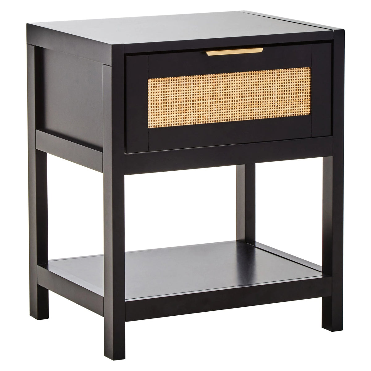 Como Black Finish and Natural Rattan One Drawer Bedside Table